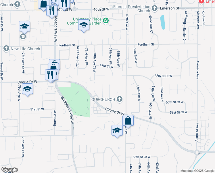 map of restaurants, bars, coffee shops, grocery stores, and more near 4909 69th Avenue Court West in University Place