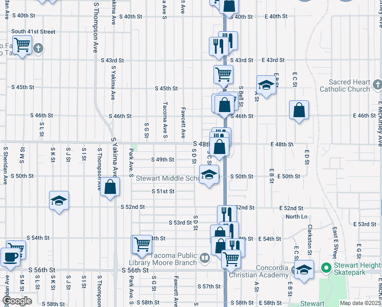 map of restaurants, bars, coffee shops, grocery stores, and more near 414 South 49th Street in Tacoma
