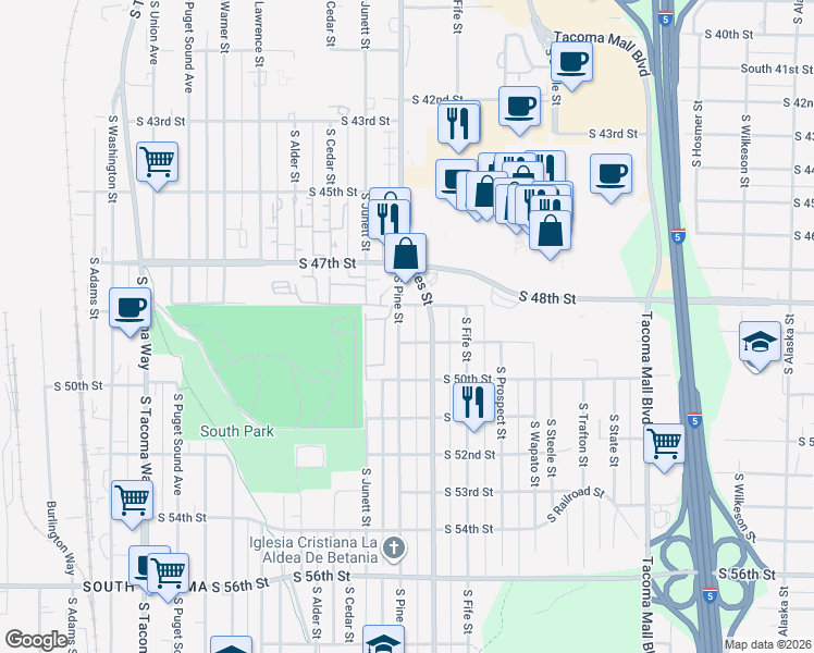 map of restaurants, bars, coffee shops, grocery stores, and more near 4901 South Pine Street in Tacoma