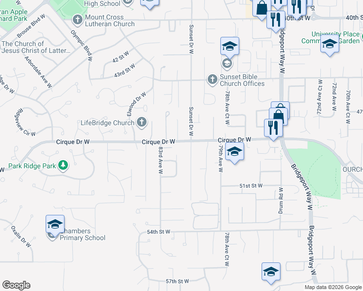 map of restaurants, bars, coffee shops, grocery stores, and more near 4902 Sunset Drive West in Tacoma
