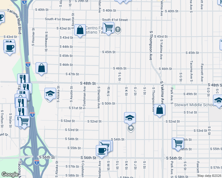 map of restaurants, bars, coffee shops, grocery stores, and more near 4831 South M Street in Tacoma