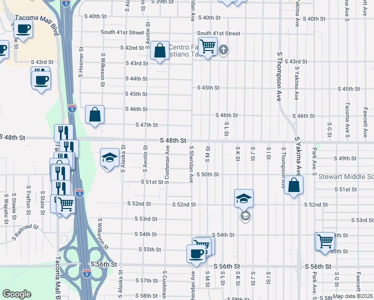 map of restaurants, bars, coffee shops, grocery stores, and more near 4827 South Sheridan Avenue in Tacoma