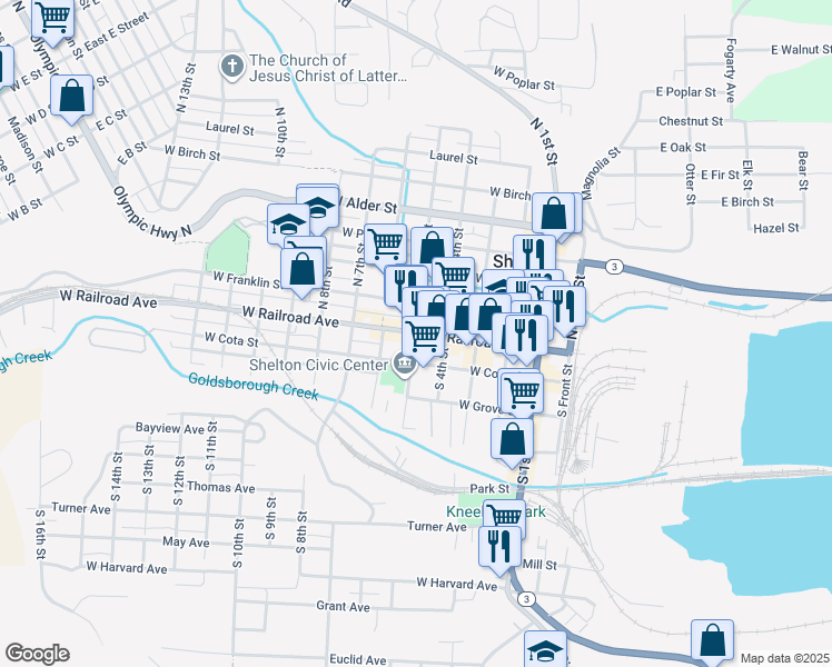 map of restaurants, bars, coffee shops, grocery stores, and more near in Shelton