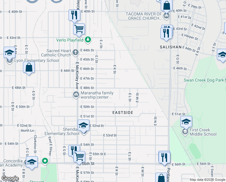 map of restaurants, bars, coffee shops, grocery stores, and more near 1031 East 48th Street in Tacoma
