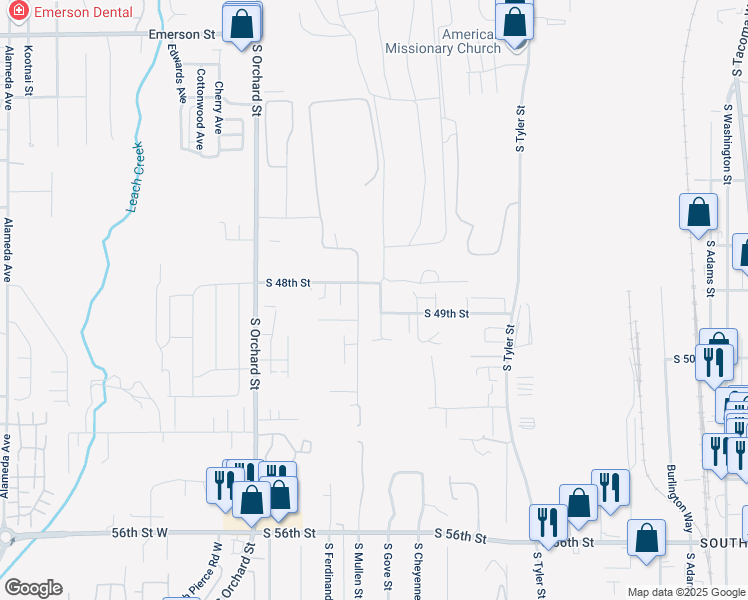 map of restaurants, bars, coffee shops, grocery stores, and more near 4710 South 48th Street in Tacoma