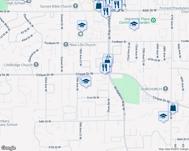 map of restaurants, bars, coffee shops, grocery stores, and more near 7704 Cirque Drive West in University Place