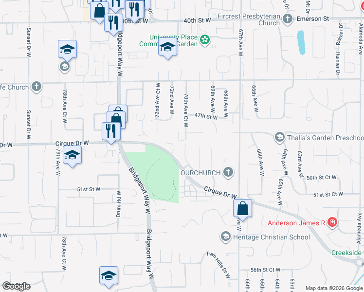 map of restaurants, bars, coffee shops, grocery stores, and more near 7105 48th Street West in University Place