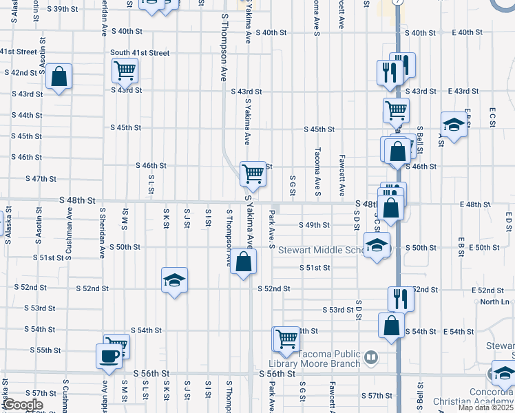 map of restaurants, bars, coffee shops, grocery stores, and more near 4636 South Yakima Avenue in Tacoma