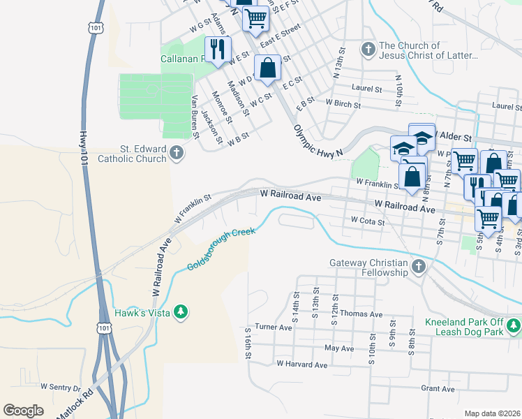 map of restaurants, bars, coffee shops, grocery stores, and more near 130 Pacific Court in Shelton