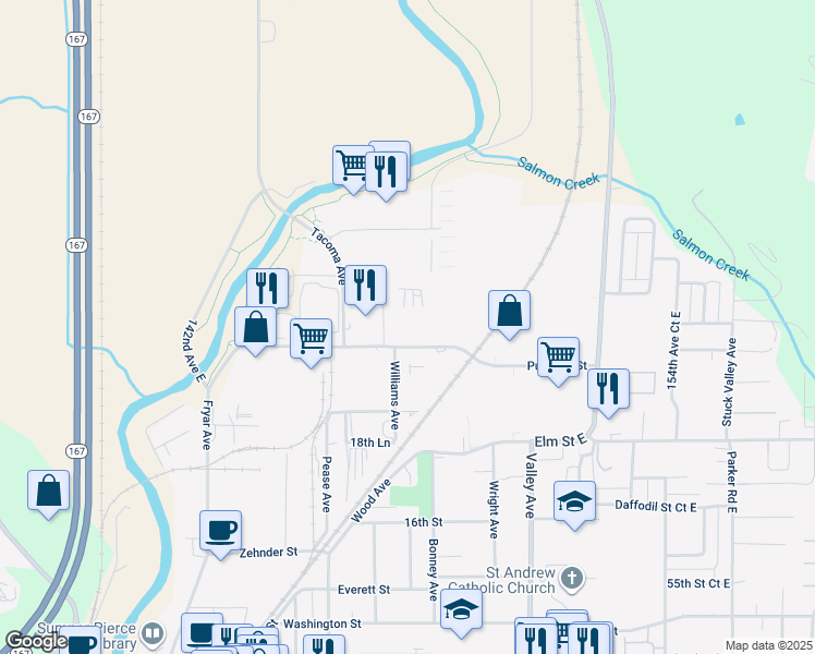 map of restaurants, bars, coffee shops, grocery stores, and more near 1515 Puyallup St in Sumner