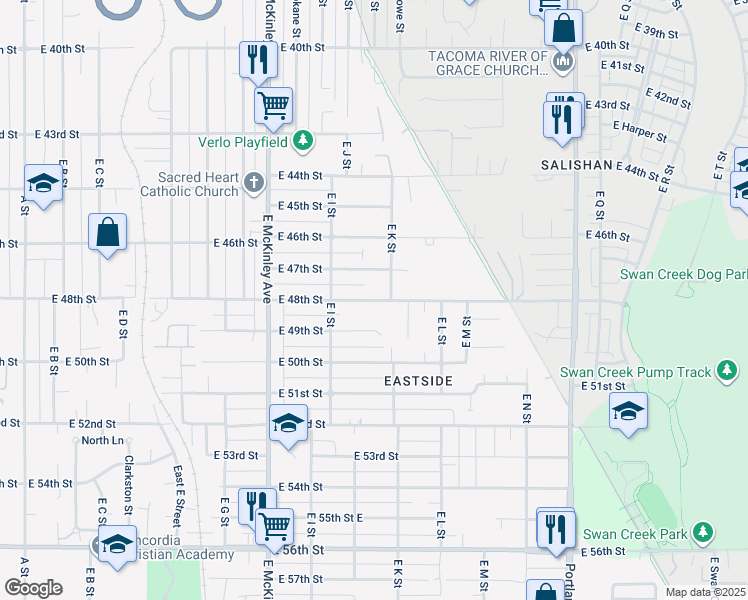 map of restaurants, bars, coffee shops, grocery stores, and more near 1031 East 48th Street in Tacoma