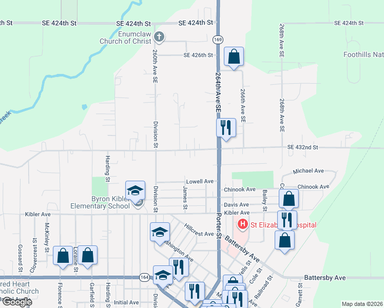 map of restaurants, bars, coffee shops, grocery stores, and more near 1835 McHugh Avenue in Enumclaw