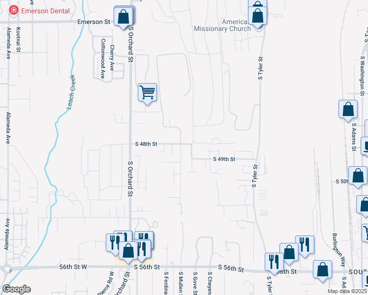 map of restaurants, bars, coffee shops, grocery stores, and more near 4710 South 48th Street in Tacoma