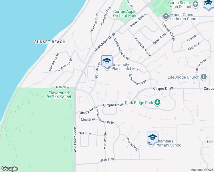 map of restaurants, bars, coffee shops, grocery stores, and more near 9518 47th Street West in Tacoma