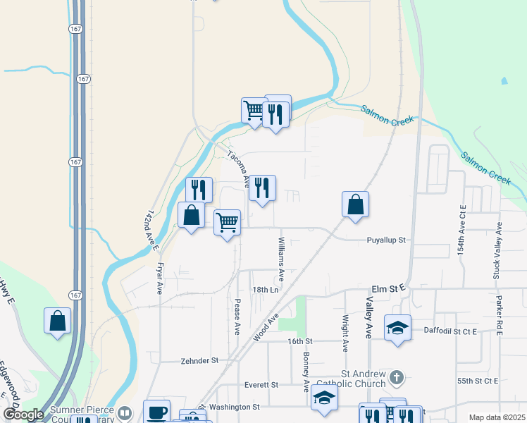 map of restaurants, bars, coffee shops, grocery stores, and more near 1515 Puyallup Street in Sumner