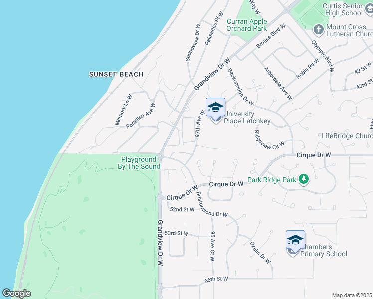 map of restaurants, bars, coffee shops, grocery stores, and more near 4716 97th Avenue West in University Place