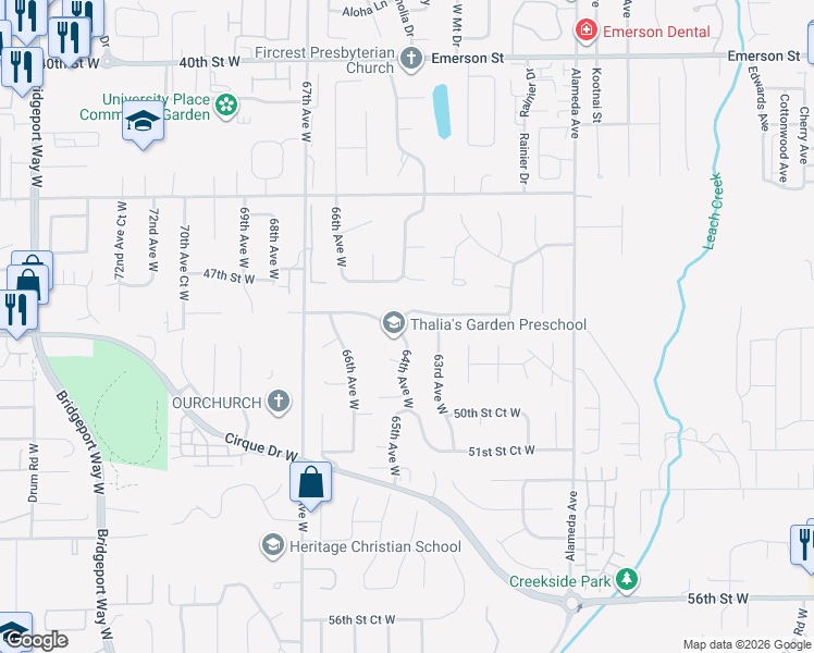 map of restaurants, bars, coffee shops, grocery stores, and more near 6401 47th Street Court West in Tacoma