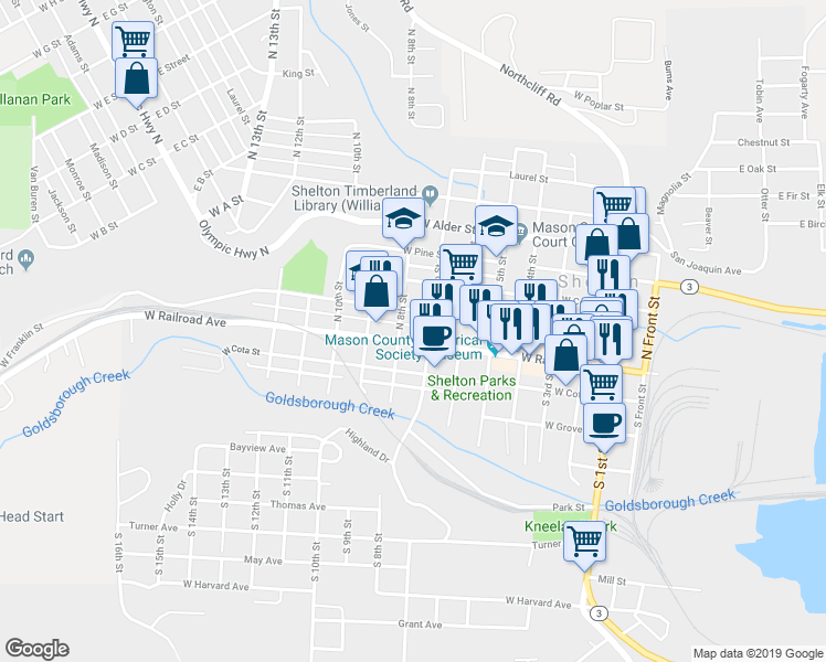 map of restaurants, bars, coffee shops, grocery stores, and more near 724 West Railroad Avenue in Shelton