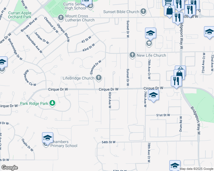 map of restaurants, bars, coffee shops, grocery stores, and more near 8325 Cirque Drive West in University Place