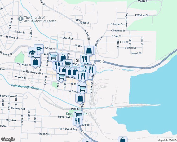 map of restaurants, bars, coffee shops, grocery stores, and more near 129 East Cedar Street in Shelton