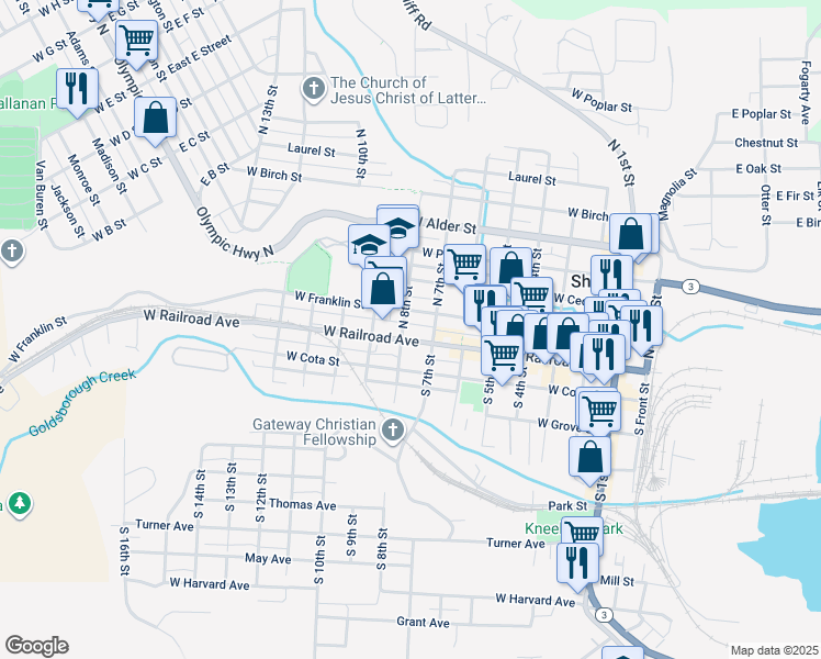 map of restaurants, bars, coffee shops, grocery stores, and more near 724 West Railroad Avenue in Shelton