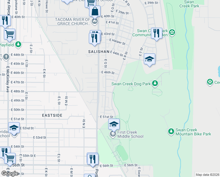 map of restaurants, bars, coffee shops, grocery stores, and more near 4747 Court R in Tacoma