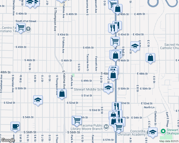 map of restaurants, bars, coffee shops, grocery stores, and more near 521 South 48th Street in Tacoma