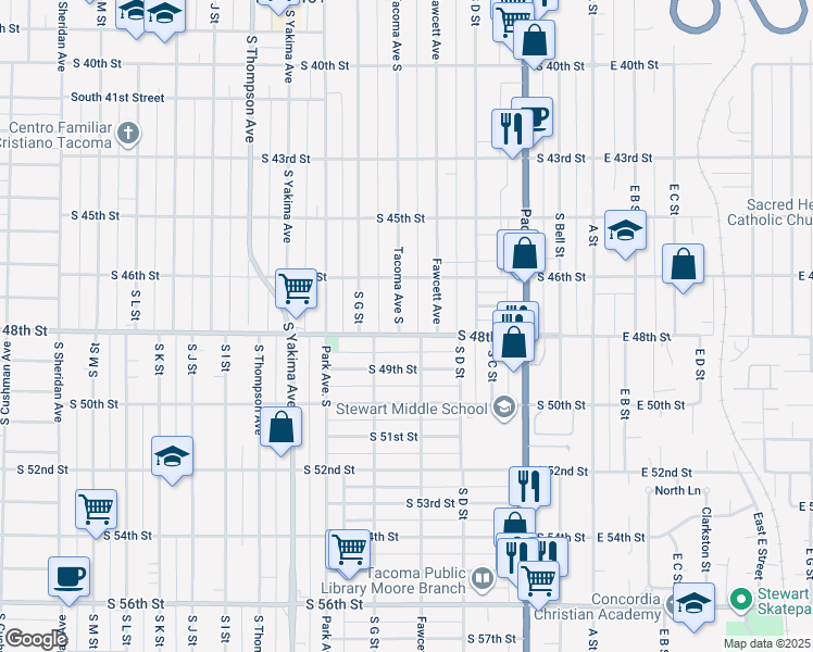 map of restaurants, bars, coffee shops, grocery stores, and more near 521 South 48th Street in Tacoma