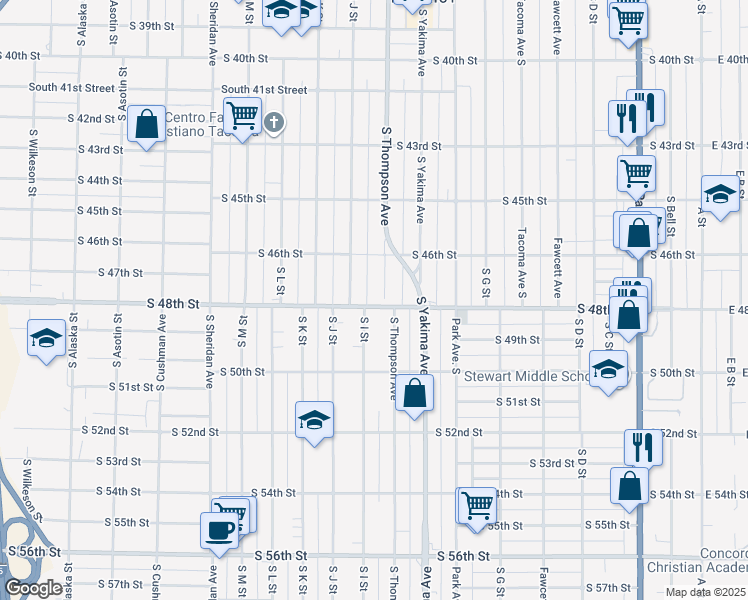 map of restaurants, bars, coffee shops, grocery stores, and more near 4636 South Thompson Avenue in Tacoma