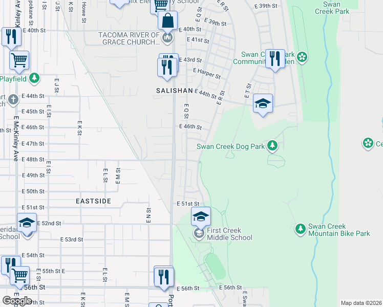 map of restaurants, bars, coffee shops, grocery stores, and more near 4747 Court R in Tacoma