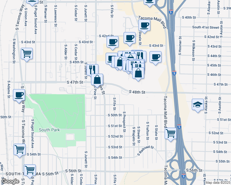 map of restaurants, bars, coffee shops, grocery stores, and more near 2515 South 48th Street in Tacoma