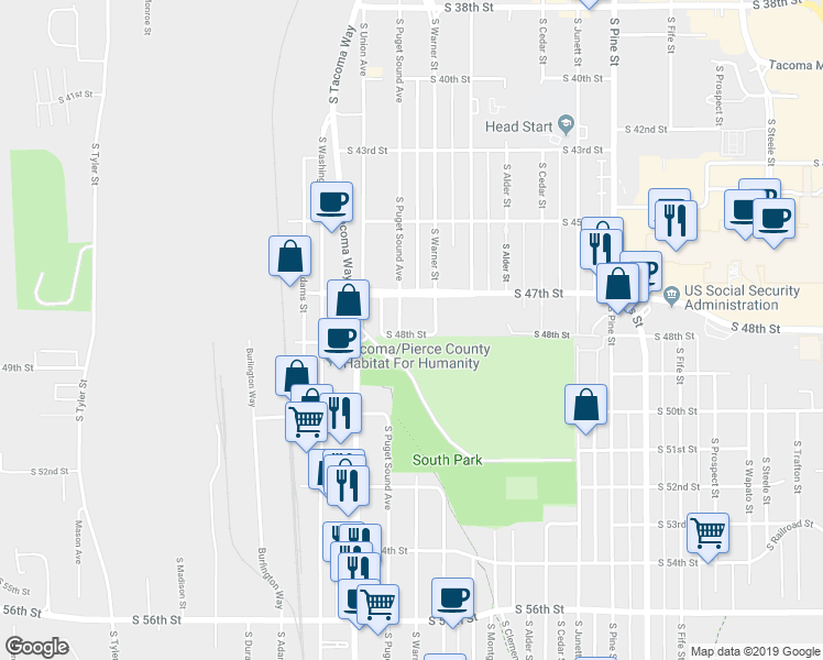 map of restaurants, bars, coffee shops, grocery stores, and more near 4721 South Puget Sound Avenue in Tacoma