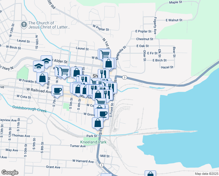 map of restaurants, bars, coffee shops, grocery stores, and more near 129 East Cedar Street in Shelton