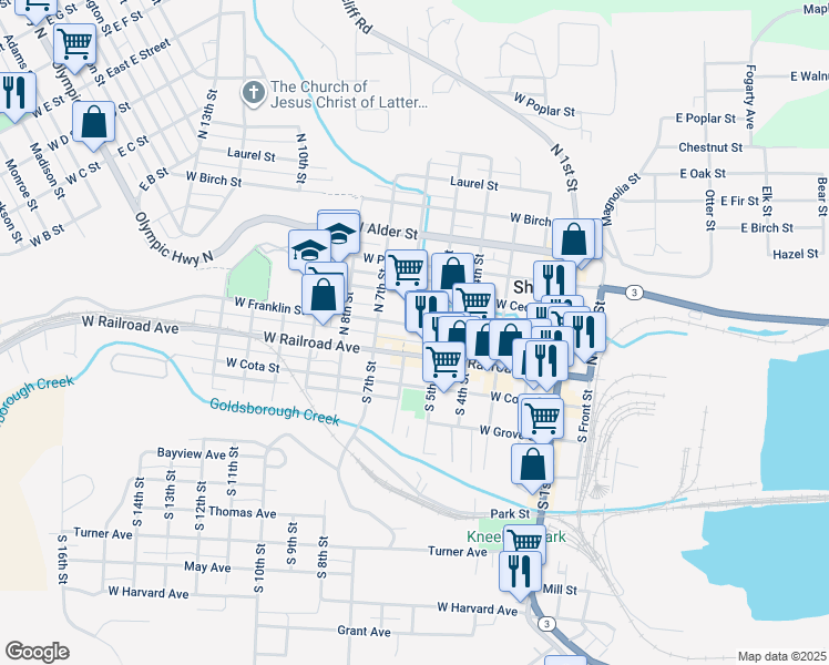 map of restaurants, bars, coffee shops, grocery stores, and more near 125 North 5th Street in Shelton