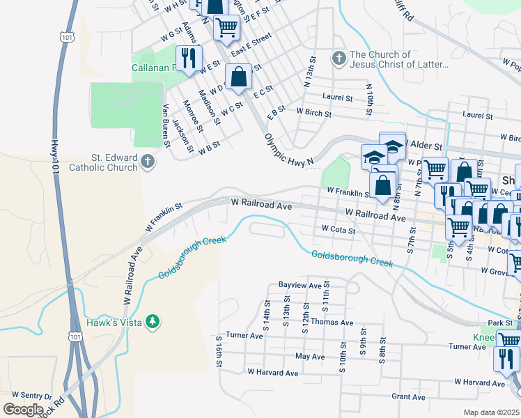 map of restaurants, bars, coffee shops, grocery stores, and more near 1411 West Railroad Avenue in Shelton