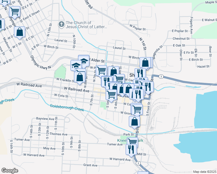 map of restaurants, bars, coffee shops, grocery stores, and more near 125 North 5th Street in Shelton
