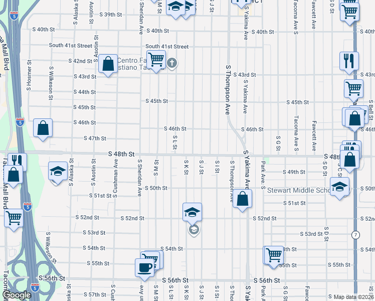 map of restaurants, bars, coffee shops, grocery stores, and more near 4632 South K Street in Tacoma