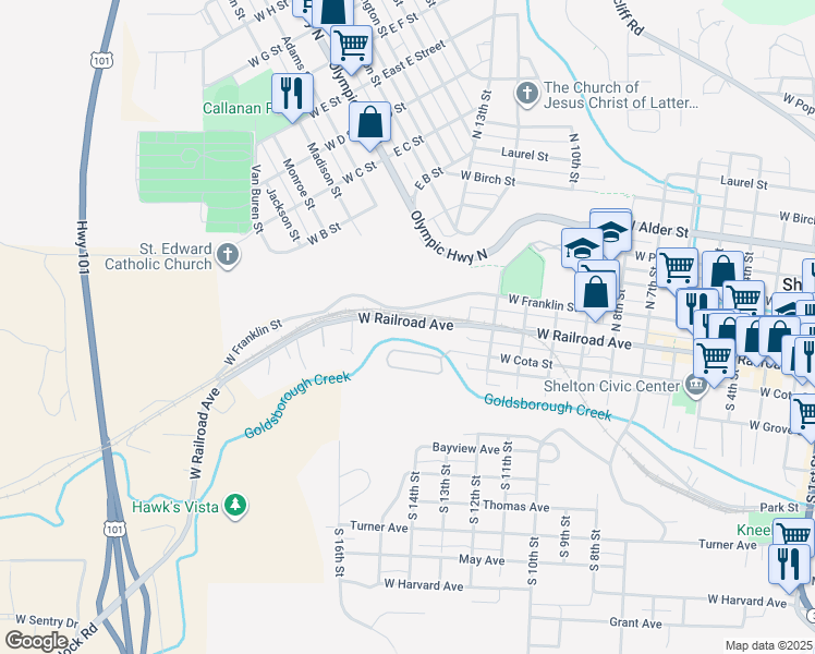 map of restaurants, bars, coffee shops, grocery stores, and more near 1411 West Railroad Avenue in Shelton