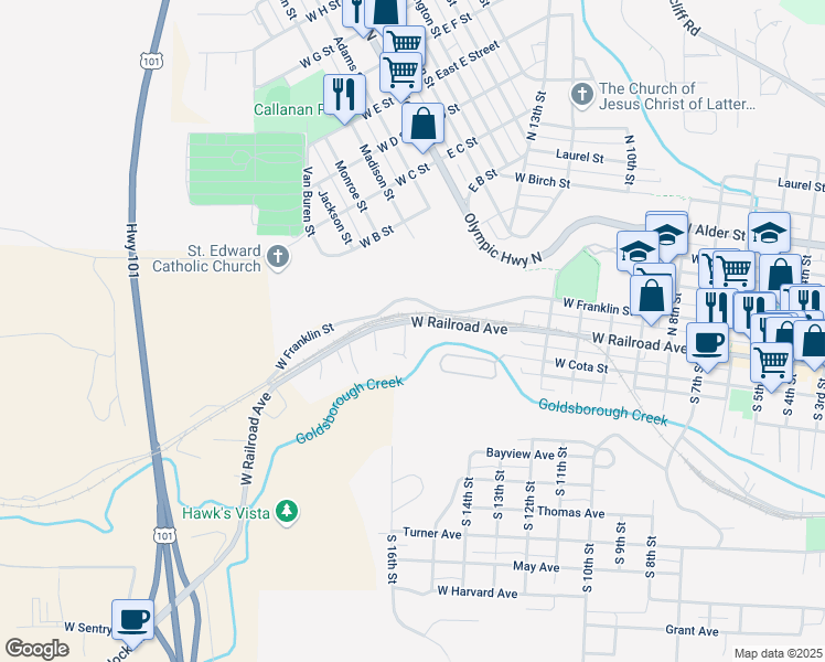 map of restaurants, bars, coffee shops, grocery stores, and more near 1525 W Railroad Ave in Shelton