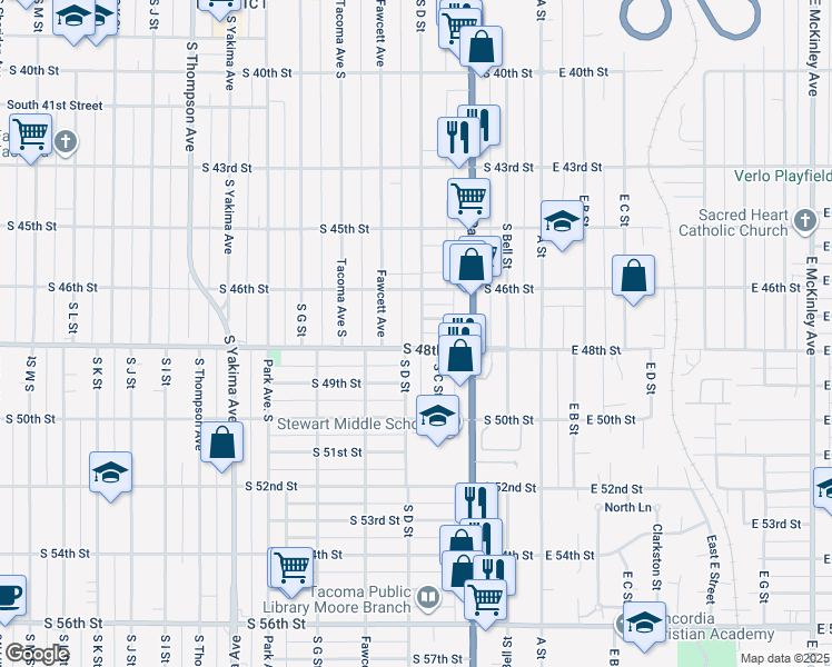 map of restaurants, bars, coffee shops, grocery stores, and more near 4634 South D Street in Tacoma