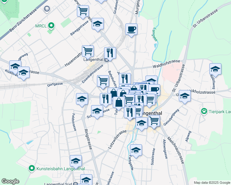 map of restaurants, bars, coffee shops, grocery stores, and more near in Langenthal