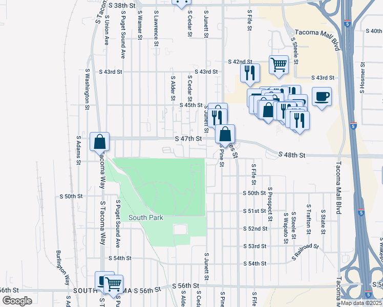 map of restaurants, bars, coffee shops, grocery stores, and more near 4720 South Pine Street in Tacoma