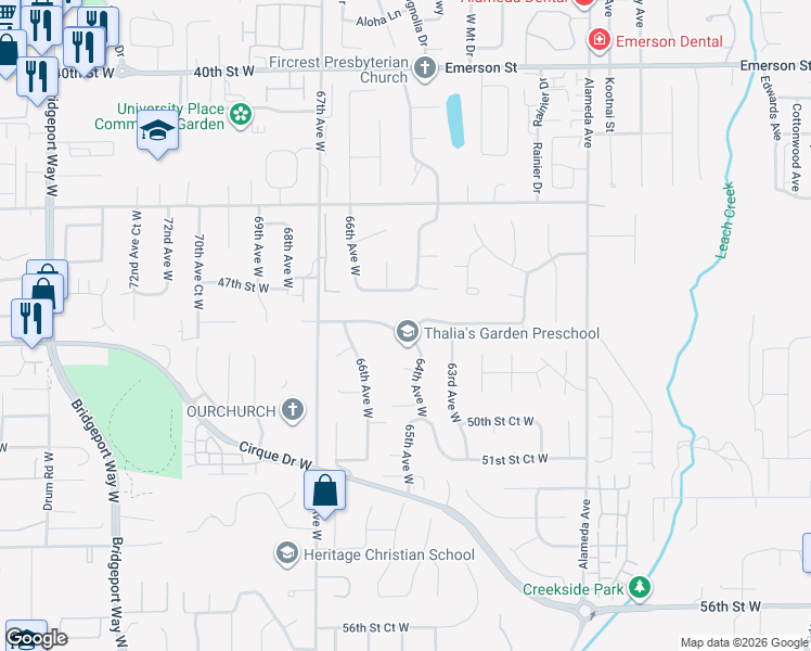 map of restaurants, bars, coffee shops, grocery stores, and more near 6401 47th Street Court West in Tacoma