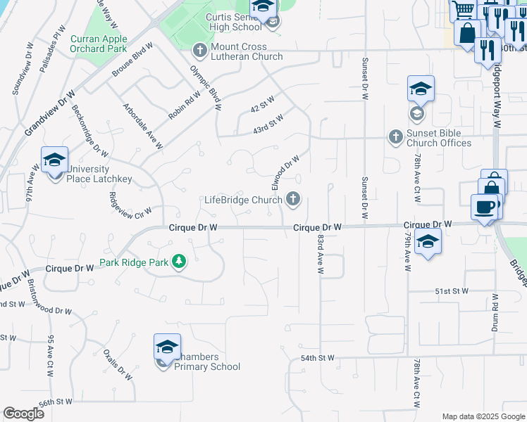 map of restaurants, bars, coffee shops, grocery stores, and more near 8513 46th Street West in University Place
