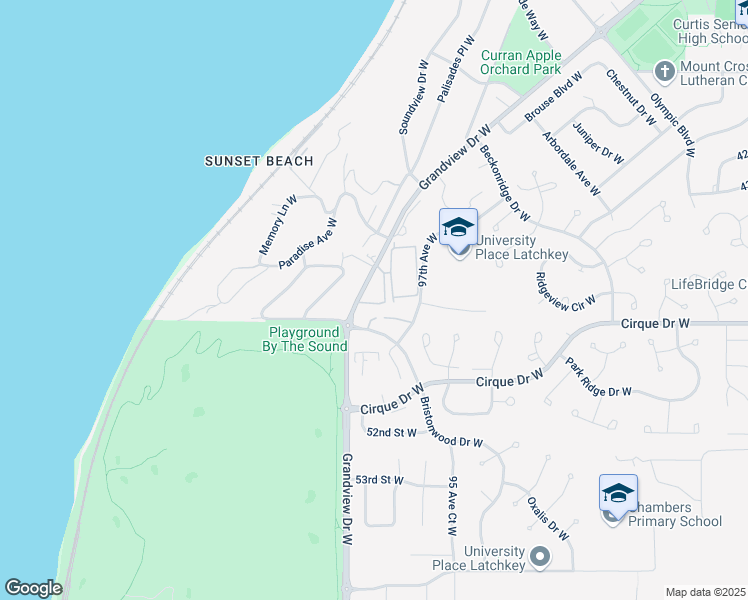 map of restaurants, bars, coffee shops, grocery stores, and more near 4625 Grandview Drive West in University Place