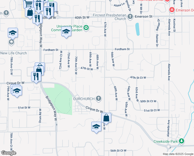 map of restaurants, bars, coffee shops, grocery stores, and more near 6710 47th Street Court West in University Place