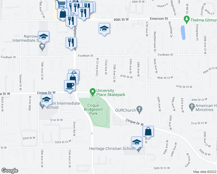 map of restaurants, bars, coffee shops, grocery stores, and more near 7105 48th Street West in University Place