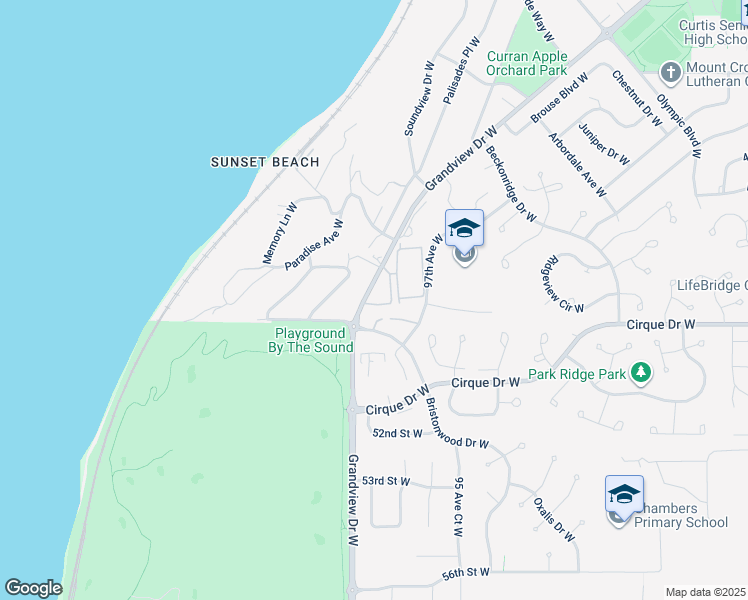 map of restaurants, bars, coffee shops, grocery stores, and more near 4625 Grandview Drive West in University Place
