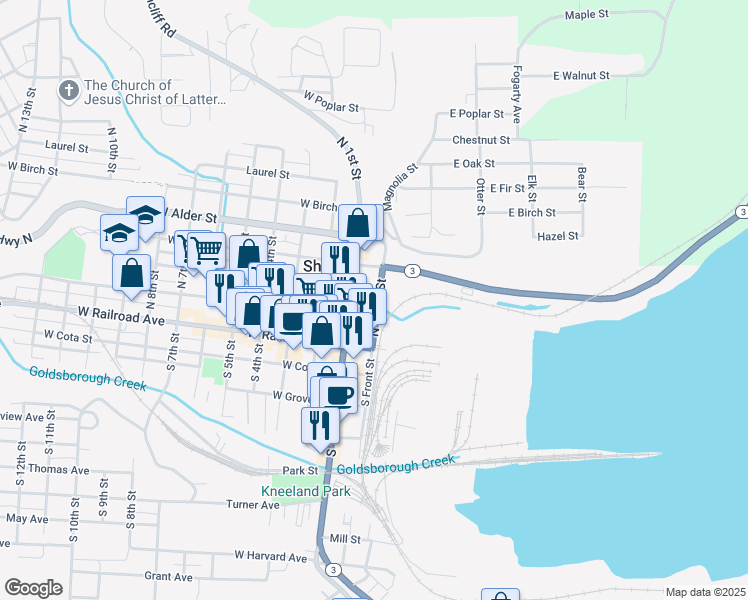 map of restaurants, bars, coffee shops, grocery stores, and more near 129 East Cedar Street in Shelton