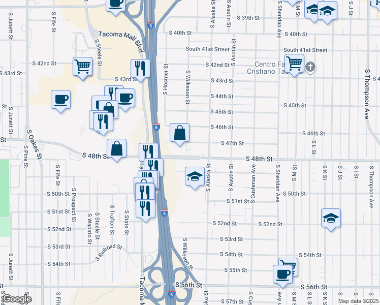map of restaurants, bars, coffee shops, grocery stores, and more near 1731 South 48th Street in Tacoma
